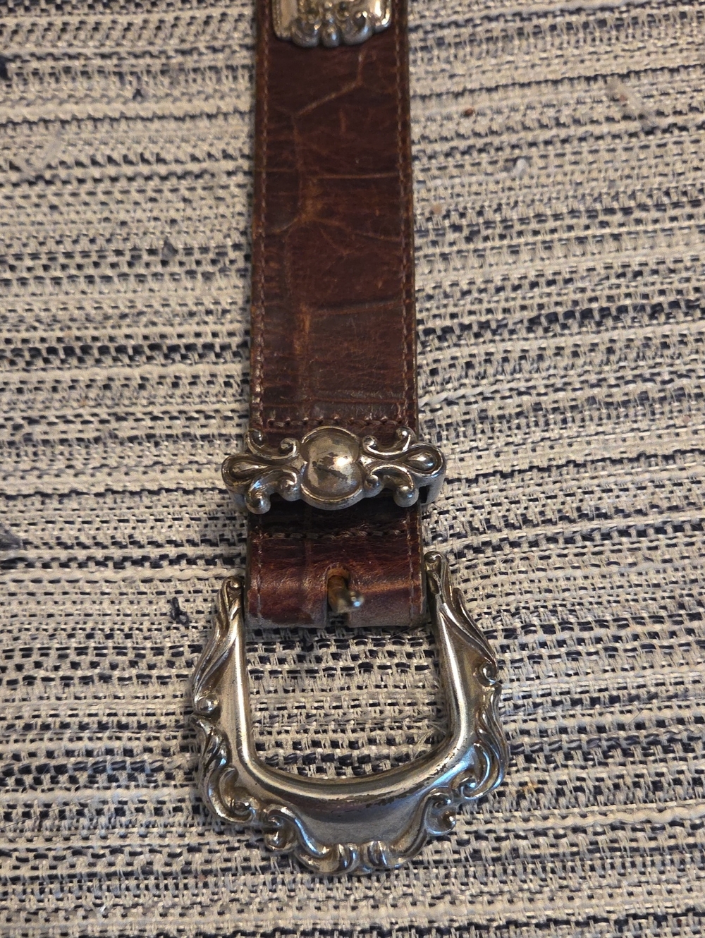 Womens Brighton Brown Croc-Accent Leather Belt with Silver Hardware